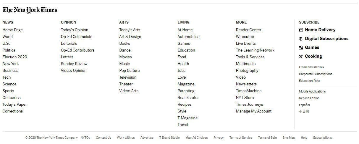 new york times website footer example design navigation
